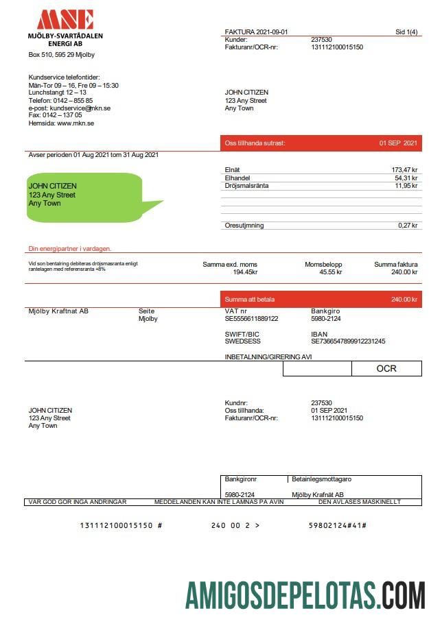 realista Modelo de conta de serviços públicos da Suécia Mjölby Kraftnat AB em formato .docs e .pdf